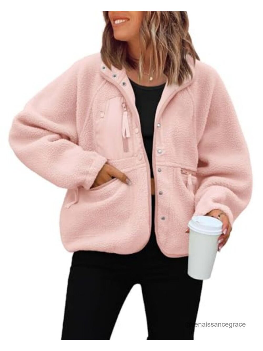 Cropped Fuzzy Fleece Button Down Jacket Oversized Zip Pockets
